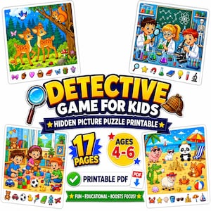 May include: A printable detective game for kids featuring 17 pages of hidden picture puzzles. The design includes colourful illustrations of deer, scientists in a lab, children playing with toys, and animals on a beach, with a magnifying glass icon.
