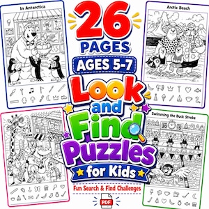 Może przedstawiać: 26-stronicowa książka z zadaniami w formacie PDF zatytułowana Look and Find Puzzles for Kids, dla dzieci w wieku 5-7 lat. Okładka zawiera cztery czarno-białe kolorowanki ze scenami takimi jak In Antarctica, Arctic Beach oraz Swimming the Duck Stroke.