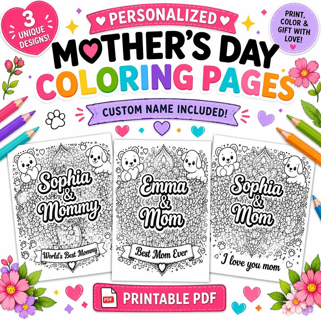 Personalized Mothers Day Card Coloring Page Bundle, Custom Name Mom PDF ...