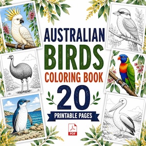 Puede incluir: Un libro para colorear Australian Birds con 20 páginas imprimibles. La portada presenta seis ilustraciones enmarcadas de aves, incluyendo una cacatúa, un kookaburra, un emú, un lori arcoíris, un pingüino y un pelícano, con el texto Australian Birds.