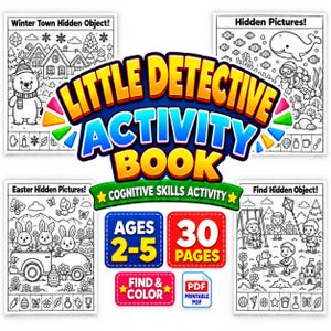 以下が含まれることがあります： 2歳から5歳向けの30ページ構成のLittle Detectiveアクティビティブック。表紙には、冬の町、水中シーン、イースター、遊び場など、隠されたオブジェクトが描かれた4枚の白黒塗り絵ページがあります。テキストにはPDF Printable PDFと記載されています。