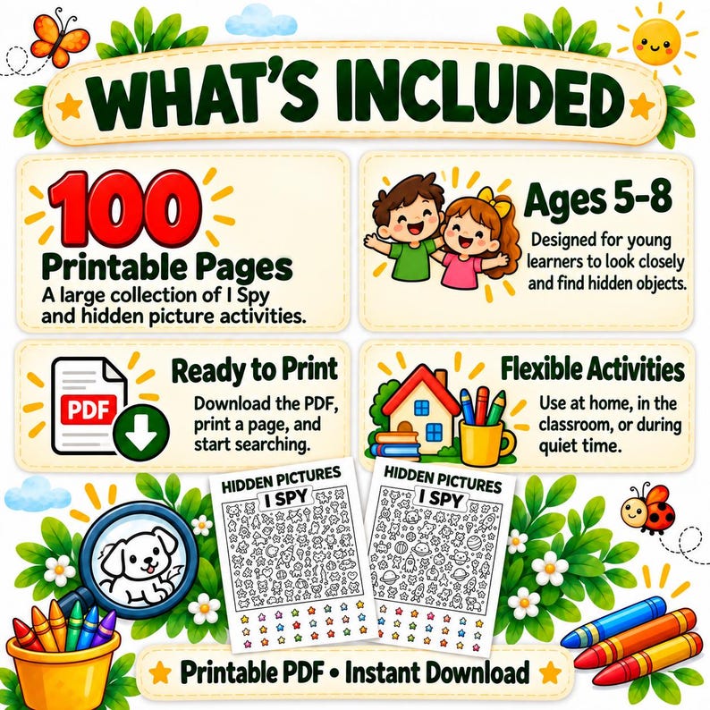 May include: A digital activity set featuring 100 printable I Spy hidden picture pages for ages 5-8. The graphic includes text stating What's Included, Ready to Print, and Flexible Activities, alongside illustrations of children, crayons, and a magnifying glass.