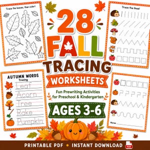 May include: A collection of 28 autumn tracing worksheets for preschool and kindergarten children. The digital document features educational activities including tracing leaves, lines, and autumn words like leaf, acorn, tree, rake, and pumpkin.