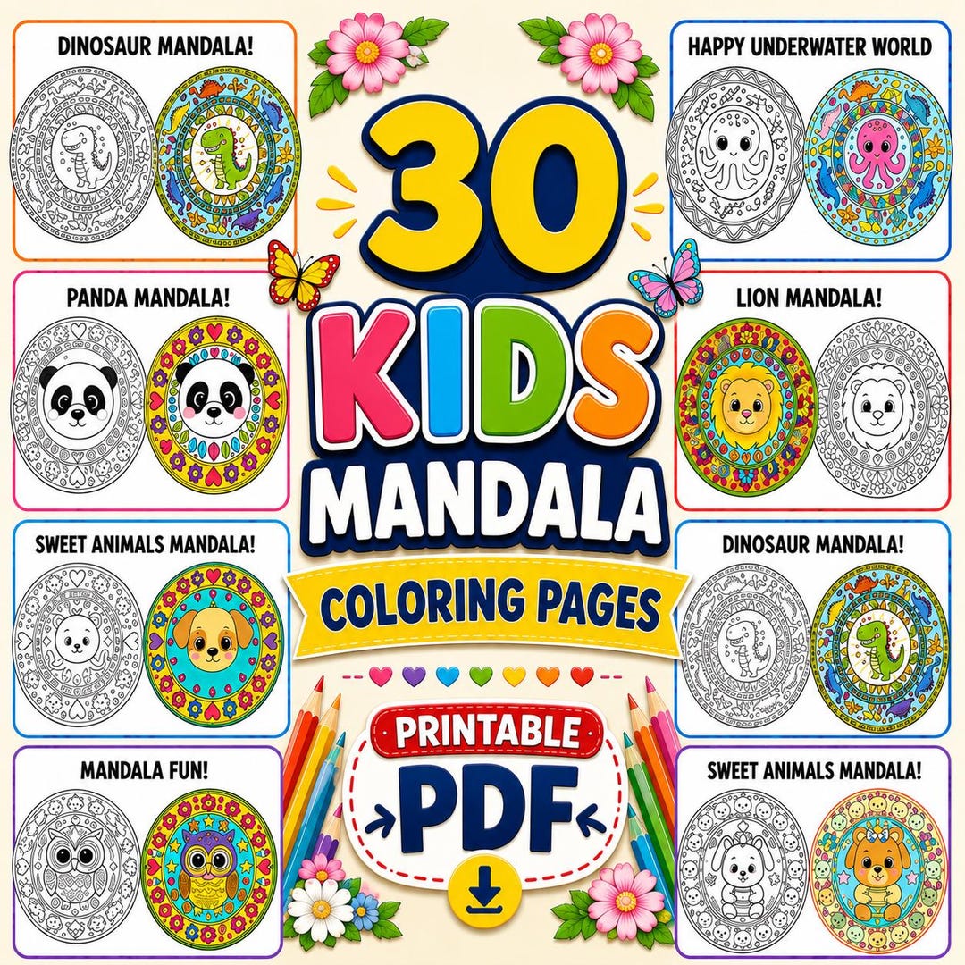 30 Kids Mandala Coloring Pages , Easy Mandala Ages 5-7 Printable PDF - Etsy
