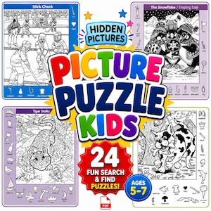 Op de afbeelding: Een Hidden Pictures Picture Puzzle Kids activiteitenboek cover met vier zwart-wit lijntekeningen, waaronder een ijshockeywedstrijd, pinguïns, een tijger en een hond. De centrale tekst luidt Hidden Pictures Picture Puzzle Kids met 24 Fun Search & Find Puzzles voor kinderen van 5-7 jaar. Het ontwerp bevat kleurrijke randen en kleine iconen.