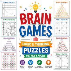 May include: A vibrant graphic showcasing brain-training puzzles such as Binary-Takuzu, Hashi, Magic Pyramid, and Tic Tac Logic. The design includes the text "Brain Games" and "Logic & Thinking Puzzles for Kids & Adults."