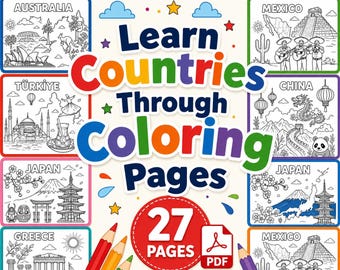 27 páginas para colorear de países para niños y adultos, libro para colorear de geografía en formato PDF imprimible.