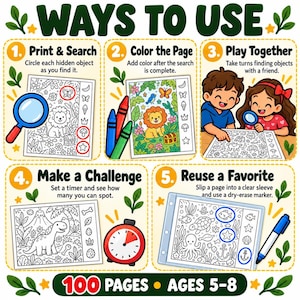 May include: An instructional graphic titled WAYS TO USE featuring five numbered steps for a hidden object activity book. It shows a magnifying glass, crayons, children playing, a timer, and a dry-erase marker on a page with 100 pages for ages 5-8.