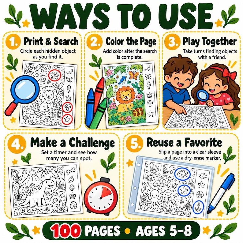 May include: An instructional graphic titled WAYS TO USE featuring five numbered steps for a hidden object activity book. It shows a magnifying glass, crayons, children playing, a timer, and a dry-erase marker on a page with 100 pages for ages 5-8.