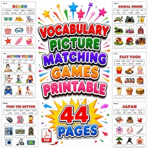 May include: A printable vocabulary picture matching game set featuring 44 pages of educational worksheets. The central title reads VOCABULARY PICTURE MATCHING GAMES PRINTABLE 44 PAGES, surrounded by colourful star graphics and six themed activity sections.