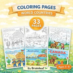 33 páginas para colorear de países del mundo para niños y adultos. Libro de geografía para colorear (PDF imprimible).