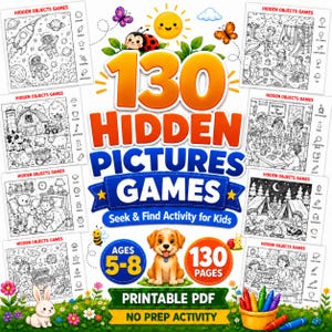 Puede incluir: Una portada de libro de actividades digital titulada 130 Hidden Pictures Games Seek & Find Activity for Kids. El diseño presenta un cachorro, una mariquita, una abeja y un caracol, rodeados de ocho páginas de juegos en blanco y negro.
