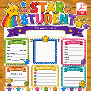 Könnte beinhalten: Ein farbenfrohes Star Student Arbeitsblatt zum Ausdrucken mit Abschnitten für All About Me, My Favorites, When I Grow Up, Fun Facts About Me und I Love To. Das Design enthält einen lächelnden Stern, einen Regenbogen und Sterne.