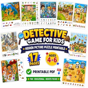 以下が含まれることがあります： 「Detective Game for Kids」の隠された絵のパズルを印刷できるコレクション。ゲームには17ページが含まれており、4〜6歳向けに設計されています。カラフルなイラストには、さまざまなシーンやオブジェクトがあり、楽しさ、教育、集中力を促進します。