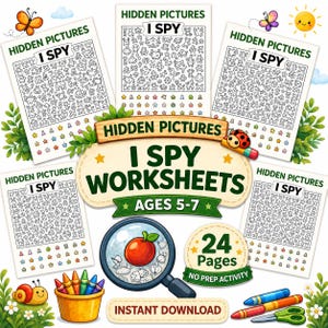 May include: A collection of "I Spy" worksheets for ages 5-7, featuring hidden picture puzzles. The design includes a magnifying glass with an apple, a snail, crayons, and a sun. The worksheets are labeled "Hidden Pictures I Spy" and "Instant Download."