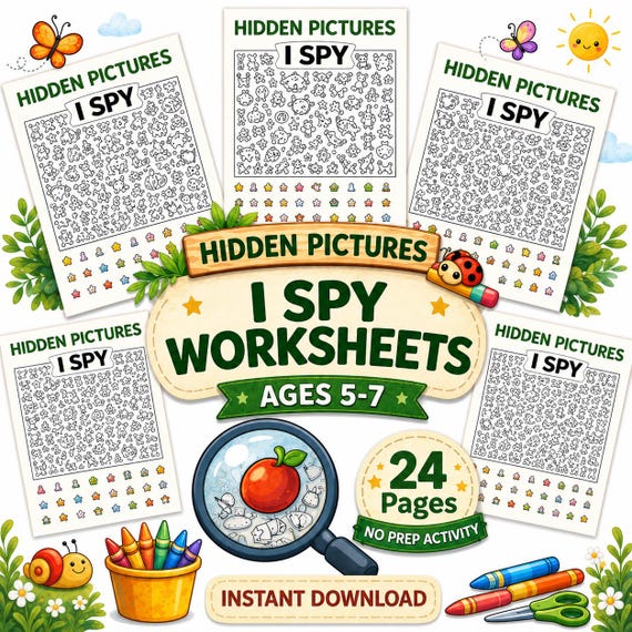24 Hidden Pictures I Spy Printable | Kids  Puzzle  Worksheets for Kids | Find & Count Activity