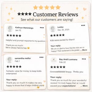 May include: A graphic display titled Customer Reviews featuring four individual feedback cards with five-star ratings. Each card includes a reviewer name, date, text comment, and a business reply. The background is cream with small star and heart icons.