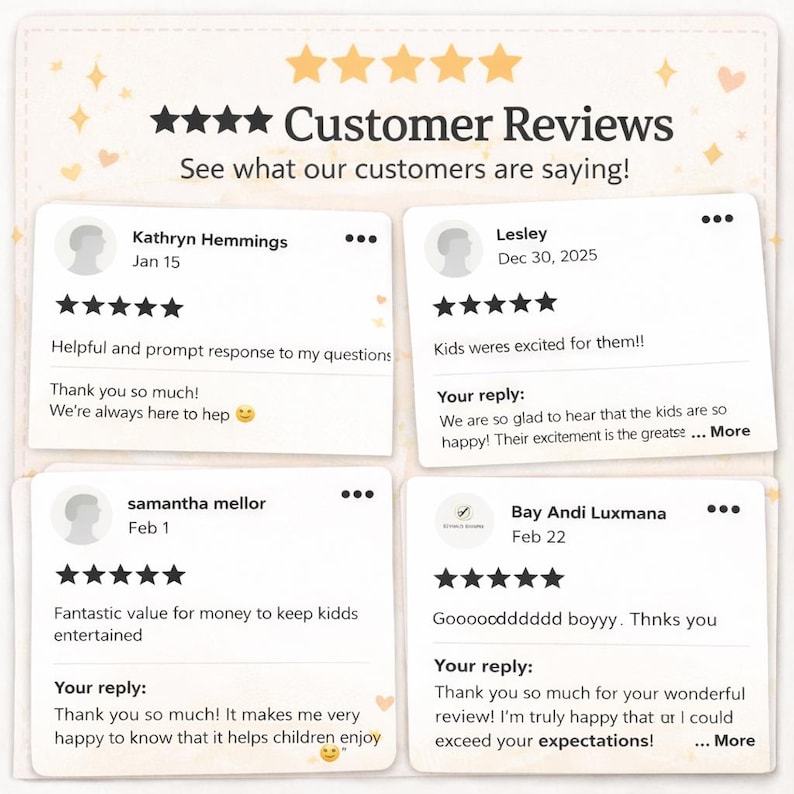 May include: A graphic display titled Customer Reviews featuring four individual feedback cards with five-star ratings. Each card includes a reviewer name, date, text comment, and a business reply. The background is cream with small star and heart icons.