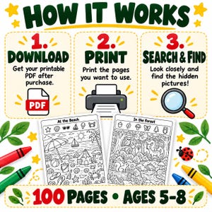 May include: An instructional graphic titled HOW IT WORKS with three steps: 1. DOWNLOAD, 2. PRINT, 3. SEARCH & FIND. It features two black and white activity sheets, At the Beach and In the Forest, surrounded by crayons, a ladybug, and leaves.