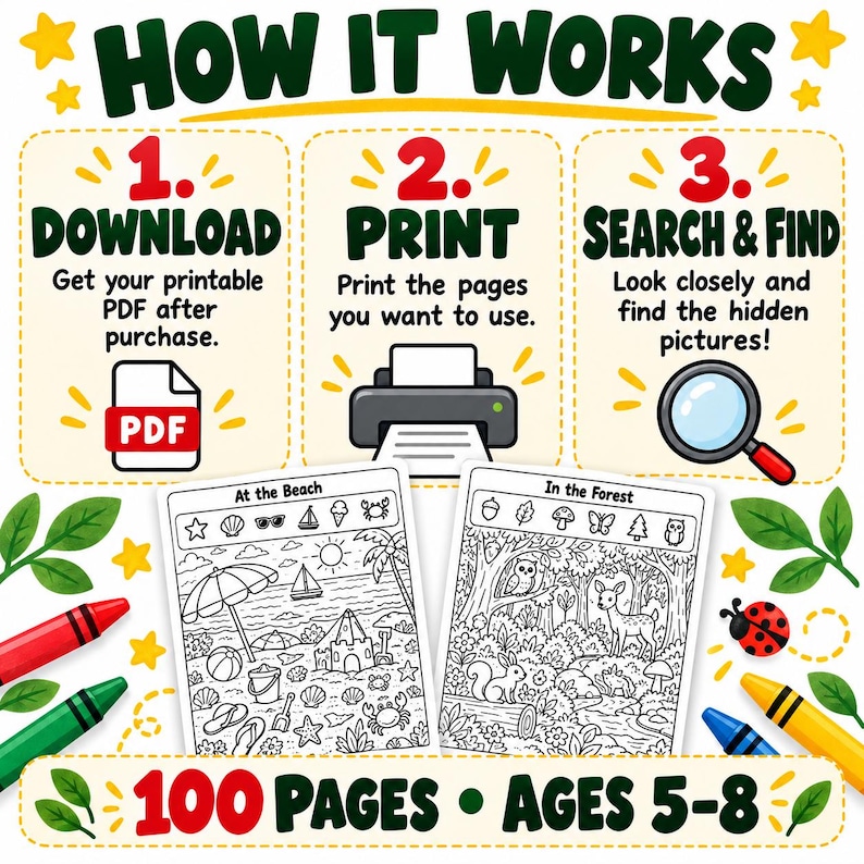 May include: An instructional graphic titled HOW IT WORKS with three steps: 1. DOWNLOAD, 2. PRINT, 3. SEARCH & FIND. It features two black and white activity sheets, At the Beach and In the Forest, surrounded by crayons, a ladybug, and leaves.