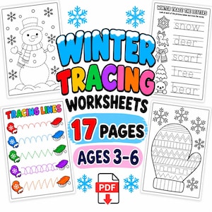 Puede incluir: Un conjunto de 17 hojas de trabajo de caligrafía invernal en formato PDF para edades de 3 a 6 años. La colección incluye páginas de actividades en blanco y negro con un muñeco de nieve, trazo de letras, líneas con manoplas y una manopla grande.