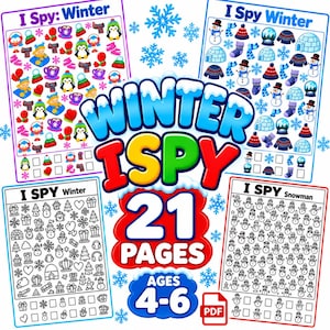 May include: A digital collection of 21 printable Winter I Spy activity pages for ages 4-6. The set includes colorful and black-and-white worksheets featuring illustrations of snowmen, penguins, igloos, and winter clothing with counting boxes.