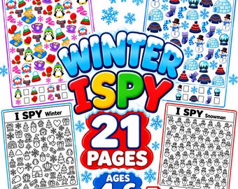 May include: A digital collection of 21 printable Winter I Spy activity pages for ages 4-6. The set includes colorful and black-and-white worksheets featuring illustrations of snowmen, penguins, igloos, and winter clothing with counting boxes.