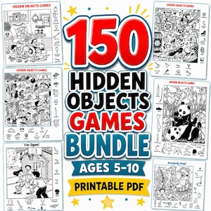 Peut inclure: Un ensemble numérique de 150 jeux d'objets cachés pour les 5-10 ans, présenté sous forme de PDF imprimable. Le texte central indique 150 HIDDEN OBJECTS GAMES BUNDLE AGES 5-10 PRINTABLE PDF, entouré de six feuilles d'activités en noir et blanc.