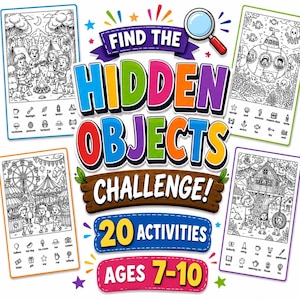 May include: A Find the Hidden Objects Challenge activity book cover featuring four black and white coloring pages with scenes of a campsite, submarine, carnival, and treehouse, surrounded by colorful text and a magnifying glass icon.