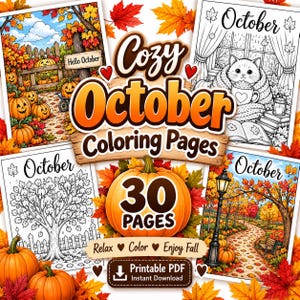 以下が含まれることがあります： 「Cozy October Coloring Pages」と題された30ページの印刷可能なPDF塗り絵セット。猫、木、秋の風景の白黒線画が、カボチャや秋の葉のカラフルなイラストに囲まれています。