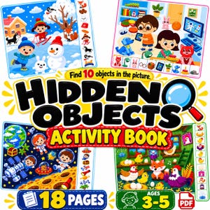 May include: A colorful activity book titled Hidden Objects Activity Book with 18 pages for ages 3-5. The cover features four distinct cartoon scenes including a snowy winter landscape, a playroom, outer space, and a farm, each with hidden items.