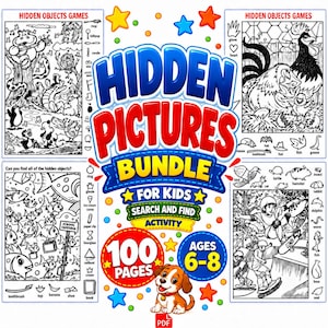 Op de afbeelding: Een Hidden Pictures Bundle for kids activiteitenboek cover met de tekst HIDDEN PICTURES BUNDLE FOR KIDS SEARCH AND FIND ACTIVITY 100 PAGES AGES 6-8. Het ontwerp bevat vier zwart-wit zoekspelpanelen en een getekende puppy.