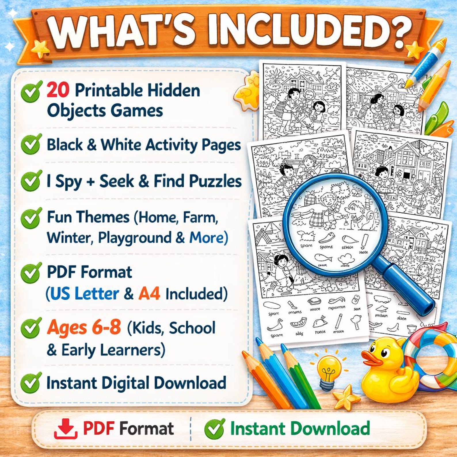 Hidden Pictures Activities 20 Pages , I Spy Printable for Kids 6-8 ...