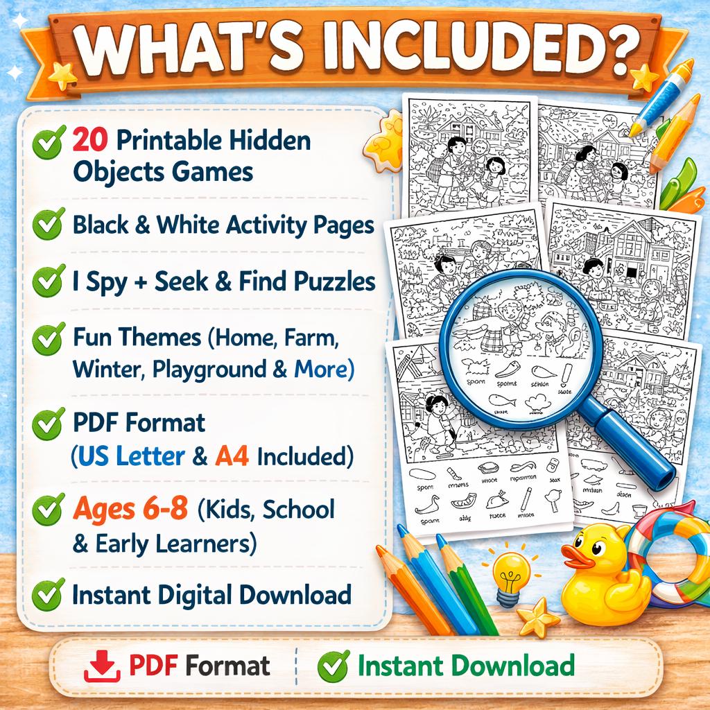 Hidden Pictures Activities 20 Pages , I Spy Printable for Kids 6-8 ...