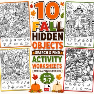 May include: A collection of four fall-themed hidden object activity worksheets for children ages 5-7. Each page features black and white line art illustrations of autumn scenes, including a scarecrow, pumpkin patch, and leaf raking, with small icons below.