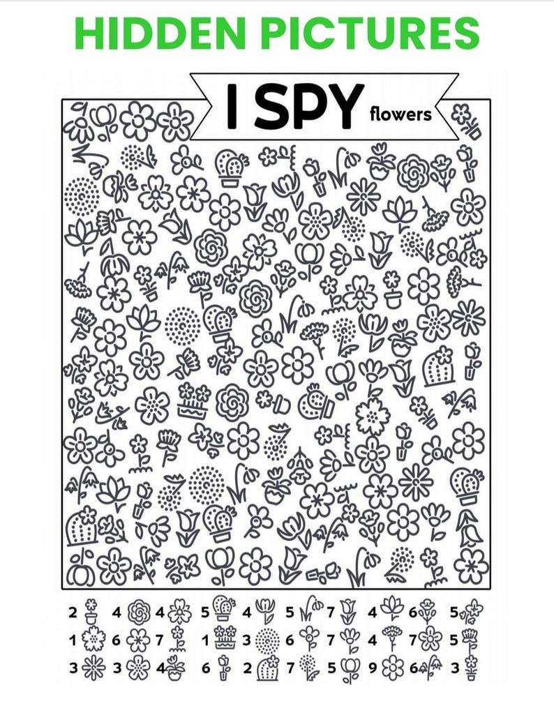 May include: A black and white activity sheet titled HIDDEN PICTURES I SPY flowers. The page features a grid filled with various line-art flower illustrations and a bottom section listing specific flower types with corresponding count numbers.