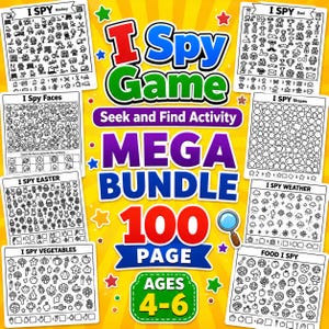 Peut inclure: Une image colorée présentant un méga pack de "I Spy Game" avec 100 pages pour les enfants de 4 à 6 ans. L'image comprend diverses pages de jeux "I Spy" sur des thèmes variés, comme le hockey, les visages, Pâques, les légumes, les formes, la météo et la nourriture.