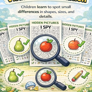 May include: Educational activity sheets titled Hidden Pictures I Spy featuring magnifying glasses over illustrations of a red apple and a green pear. The text reads Develops Visual Discrimination, Children learn to spot small differences, and Visual perception & detail awareness.