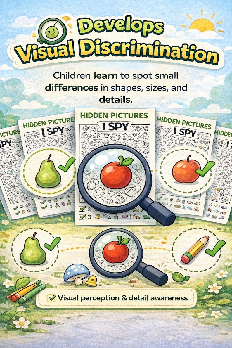 May include: Educational activity sheets titled Hidden Pictures I Spy featuring magnifying glasses over illustrations of a red apple and a green pear. The text reads Develops Visual Discrimination, Children learn to spot small differences, and Visual perception & detail awareness.
