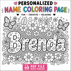 Puede incluir: Una página para colorear con nombre personalizado en blanco y negro con el nombre "Brenda" en letras grandes, rodeado de flores, mariposas y hojas. El banner superior dice "PÁGINA PARA COLOREAR NOMBRE PERSONALIZADO". El banner inferior dice "ARCHIVO PDF DESCARGA INSTANTÁNEA".