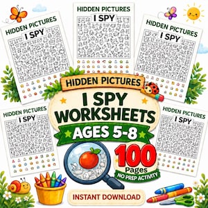 Może przedstawiać: Zestaw kart pracy Hidden Pictures I Spy dla dzieci w wieku 5-8 lat, zawierający 100 stron czarno-białych łamigłówek typu znajdź ukryte obiekty, kolorowe gwiazdki, lupę, kubek z kredkami oraz ilustrację ślimaka.