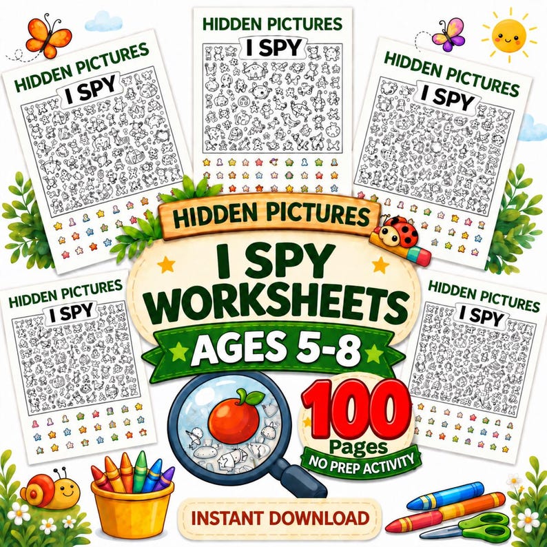 May include: A collection of Hidden Pictures I Spy worksheets for ages 5-8, featuring 100 pages of black and white search-and-find puzzles with colorful star icons, a magnifying glass graphic, a cup of crayons, and a snail illustration.