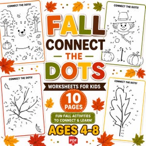 Puede incluir: Una colección digital de 10 hojas de trabajo de unir los puntos con temática otoñal para niños de 4 a 8 años. El set en PDF incluye ilustraciones en blanco y negro de un oso, un espantapájaros, una rama de árbol y una hoja, con hojas de otoño.