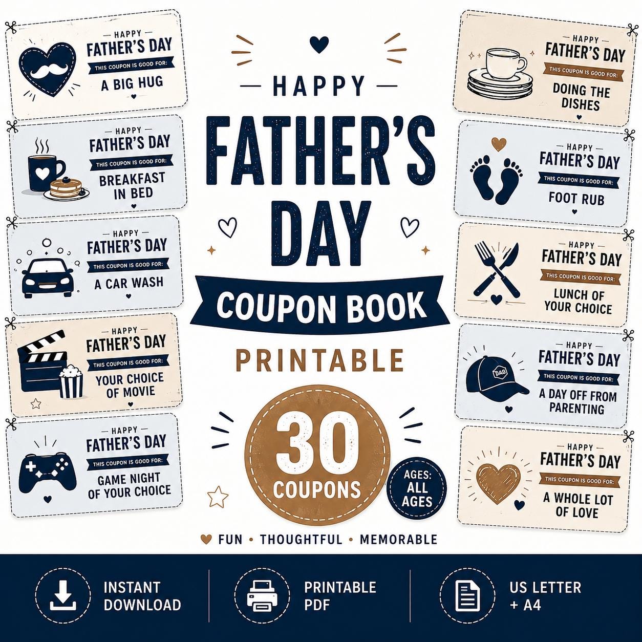 Fathers Day Coupon Book Printable for Dad, DIY Fun Family Reward…