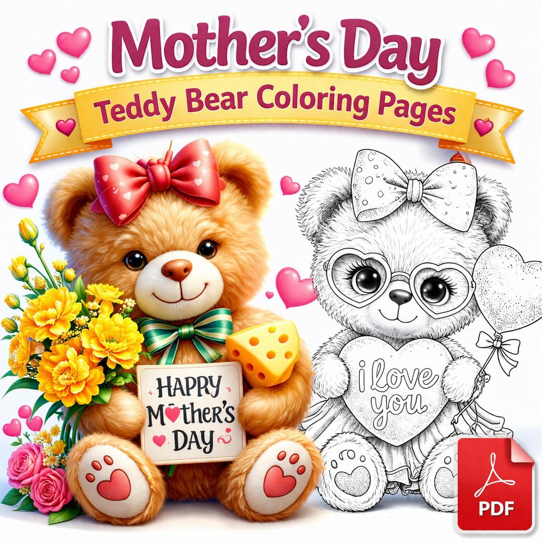 Mothers Day Teddy Bear Coloring Pages Bundle, DIY Coloring Card PDF - Etsy