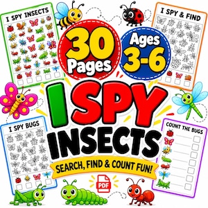 Może przedstawiać: Cyfrowa książka z zadaniami pod tytułem I Spy Insects zawierająca 30 stron dla dzieci w wieku 3-6 lat. Okładka przedstawia kolorowe ilustracje pszczoły, biedronki, motyla, ważki, gąsienicy i mrówki oraz cztery arkusze z zadaniami.