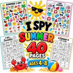 May include: A collection of four I Spy summer activity sheets featuring colorful and black-and-white illustrations of beach items like flip-flops, ice cream, and crabs. The central text reads I SPY SUMMER 40 PAGES AGES 4-8 with a sun icon.