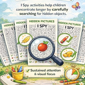 May include: An I Spy hidden pictures activity set featuring multiple illustrated worksheets with a magnifying glass over an orange, a yellow feather, a red crayon, and a whistle. Includes a yellow cup of crayons, a notepad, and a stopwatch timer.