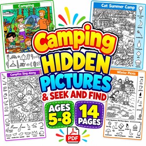 Może przedstawiać: Cyfrowa książka z zadaniami pod tytułem Camping Hidden Pictures & Seek and Find dla dzieci w wieku 5-8 lat, zawierająca 14 stron w formacie PDF. Okładka przedstawia cztery kolorowe i czarno-białe arkusze z motywami kempingowymi.