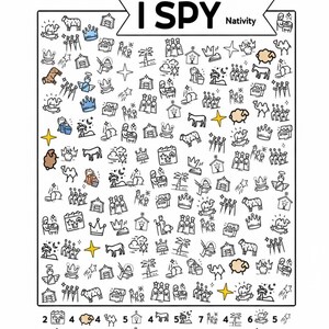 May include: A white activity sheet titled HIDDEN PICTURES I SPY Nativity featuring a grid of black line art icons related to the nativity scene, including camels, sheep, crowns, and stars, with a counting key at the bottom for each icon type.